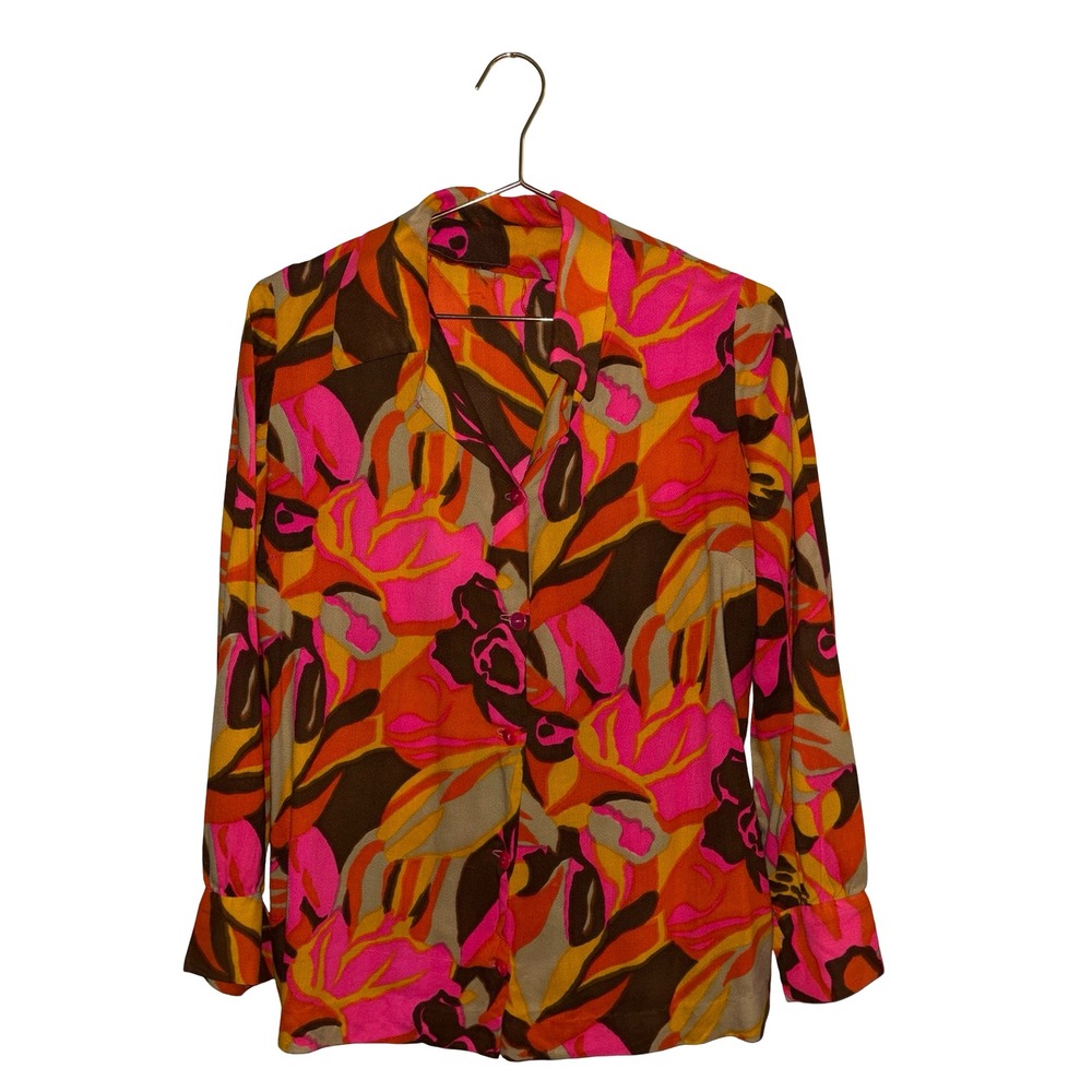 Vintage‎ 70s Floral Blouse Pink Orange Abstract Retro Button Up Top P2P 20"